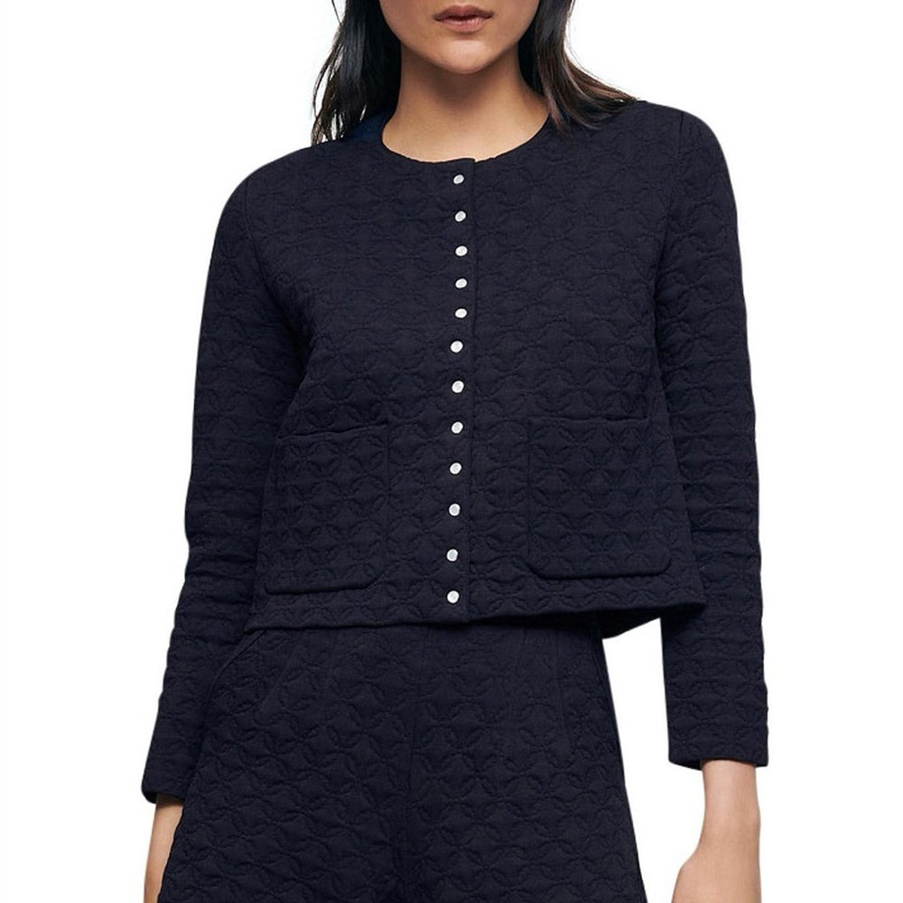 NWOT Maje Monnea Geometric Quilted Knit Cardigan Jacket in Navy